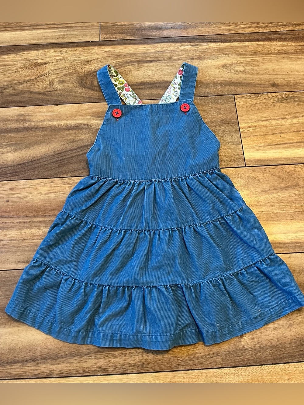 Girls size 4-5Y Blue corduroy pleated ruffle overall dress red buttons mini bode
